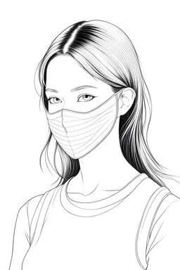Page with, a girl with a mask. white background, sketch style, only use outline, Japanese style, clean line art, white background, no shadows, and clear and well-outlined