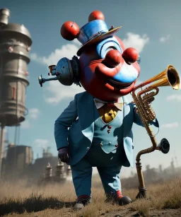 mechanoid happy friendly fat clown playing jazz with a steampunk theme, trumpet, realistic