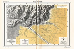 a scan of an ancient North American Cree printed road map of a fictional place that was black and white but has since been stained and weathered