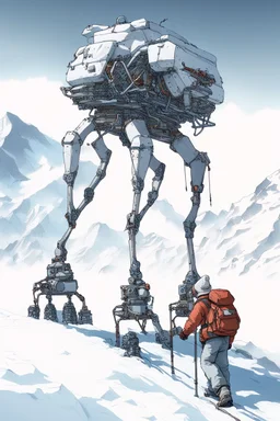 a mechanical walker with eight legs scaling a very steep snow covered side of mout everest at night, it has a smooth surface, it has storage pods on its belly human can fit in the pods