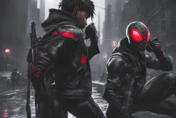 Miles morales in 8k nier automata drawing style, venom them, no reflect color, cinematic mood, neon effect, close picture, rain, highly detailed, high details, detailed portrait, masterpiece,ultra detailed, ultra quality