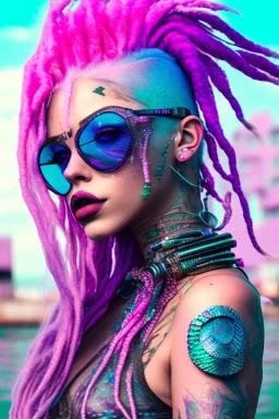 mermaid cyberpunk some fish scales on face pink hair dreadlock sunglasses gem in front