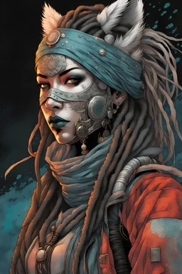 front facing full length portrait illustration of a grunge armored female , beaded dreadlock hair, cyberpunk vampire mercenary wearing an ornate kitsune noh mask , and shemagh, highly detailed with gritty post apocalyptic textures, caught in a cosmic maelstrom of swirling gases , finely detailed facial features and hair, in the graphic novel style of Bill Sienkiewicz, and Jean Giraud Moebius, ink wash and watercolor with realistic light and shadow