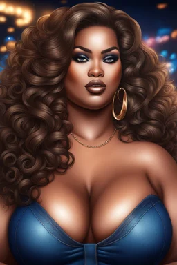 create an airbrush illustration of a plus size black female wearing Tight blue jeans and a brown off the shoulder blouse. Prominent make up with long lashes and hazel eyes. She is wearing brown feather earrings. Highly detailed long black shiny wavy hair that's flowing to the side. Background of a night club.