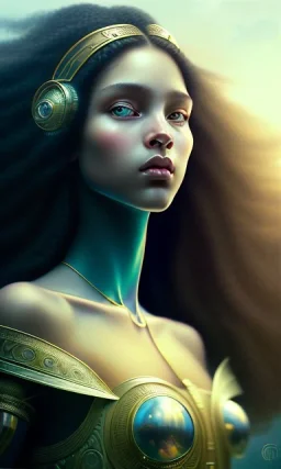 young girl, cute, beautiful, long curly hair, black hair, light green skin, big flat nose, black eyes, big eyes, turquoise dress, head and shoulders portrait, 8k resolution concept art portrait by Greg Rutkowski, Artgerm, WLOP, Alphonse Mucha dynamic lighting hyperdetailed intricately detailed, avatar pandora