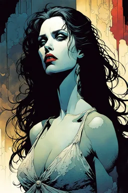 create a hardened, vampire girl in the comic book art style of Mike Mignola, Bill Sienkiewicz and Jean Giraud Moebius, , highly detailed,, grainy, gritty textures, , dramatic natural lighting