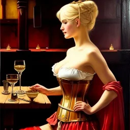 fullbody portrait 'beautiful face blonde massiveboobs medieval wench on tavern in medieval city',corset,painting by gaston bussiere, greg rutkowski, yoji shinkawa, yoshitaka amano, tsutomu nihei, donato giancola, tim hildebrandt, oil on canvas, cinematic composition,sharp image, extreme detail,((fit full head inside picture)),32k