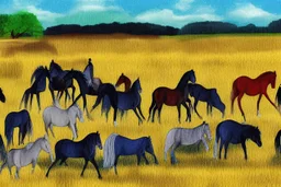 illustration horses of different colors in a field from afar