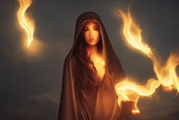 Cloaked women holding fire, Dark moody night atmosphere, 8K, high body details, anatomically perfect bod