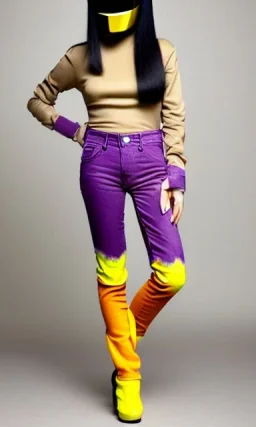 Photo of Asa akira. Camouflage colors are terracotta, cream and purple, lilac and Cream latex, imperial yellow, red plum. Baggy jeans! plant print.European daft punk woman. Mantle is sewed of recycled Denim and sewed together of recycled polymer felt. lace, Yellow(Munsell) areas. hint of orange as effect color!!Big bright purple/khaki felt tippet and cream or blue or lilac colored-hood. mantle is merged with satchel. . AKG-style headphones (gold rings!) is merged with felt cap, cyan small visor.