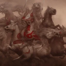 Nomad cavalry inline attacking. Horses. Damascus steel. Red. Sharp details. Roar.