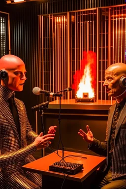 Two radio hosts are face to face in a burning radio studio. The host on the left is a bald human metal fan. The host on the right is a ridiculous robot.