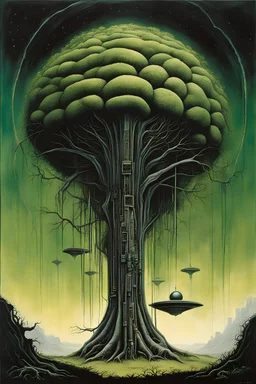 The giant is planting a big green tree, first contact concept art, by Colin McCahon and Jim Burns and Brian Despain, by H.R. Giger, silkscreened mind-bending illustration; sci-fi poster art, asymmetric, futurism