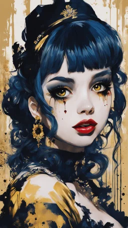 Poster in two gradually, a one side malevolent goth vampire girl face and other side the Singer Melanie Martinez face, painting by Yoji Shinkawa, darkblue and gold tones,