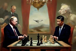 Putin, President Xi Of China And Joe Biden Play Chess With A Pigeon,Ufo And Atomic Bomb Mushroom Cloud,Complex Surgical Instruments Intermixed With A Newborn Boy,Minimalism,Painting By Adrian Ghenie,Rene Magritte,Pablo Picasso,Michelangelo,Salvador Dali,Lucian Freud