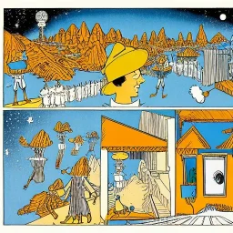 Village in the cosmos in Winsor McCay style and dr seuss style