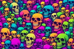 a field of 1000s of cartoonish, anatomically correct, skulls, vivid RANDOM BRIGHT neon colors, dark comedy, well lit, high detail, photorealistic, horrorcore, fun, scary, none featured, each a different color or hue,