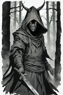 An asian warrior in a dark robe with a hood, sporting a crepy demonic evil character mask. The setting appears to be a dark and eerie environment, a dungeon, a haunting forest or old dark ruins.