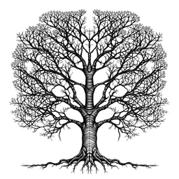 a Chinese symmetrical tree, the trunk of the tree is thin, drawn with black lines. The tree fits completely