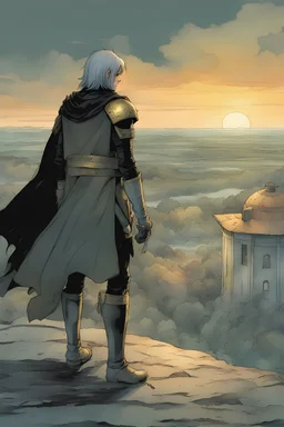 Sothis and Claude Fire Emblem Three Houses. A soft-focus image of the golden sunset casting a warm glow after the rain, create in inkwash and watercolor, in the comic book art style of Mike Mignola, Bill Sienkiewicz and Jean Giraud Moebius, highly detailed, gritty textures,