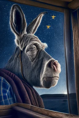 grandpa donkey portrait with background star field seen in the window of a boat, 4 k, trending art, depth of field, high detail, high contrast