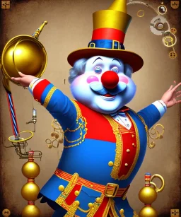 happy old friendly fat clown with round head and trimmed beard playing jazz with a steampunk theme, circus, realistic