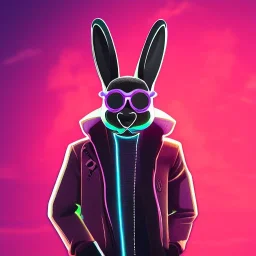 stylized Rabbit, smiling, cyberpunk headphone, sunglass, gangsta gold neckless, full body, magenta puffer jacket, manila city backdrop, dramatic lighting, hyper realistic, unreal engine 5, 16k