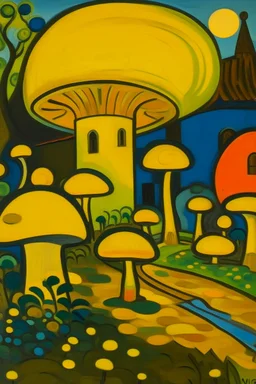 A yellow neighborhood with glowing mushrooms designed in African pottery painted by Alexej von Jawlensky