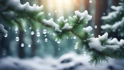 a fir tree branch . Delicate snow droplets glisten, frozen in time, against a magical forest backdrop. evergreen branches create a vivid and beautiful natural background,low poly