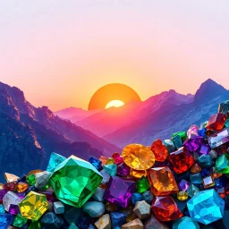 photoreal, 2d art, colorful gemstones making a colorful representation of a sunrise coming over a mountain range, gemstone art mosaic, HD, crystal textures