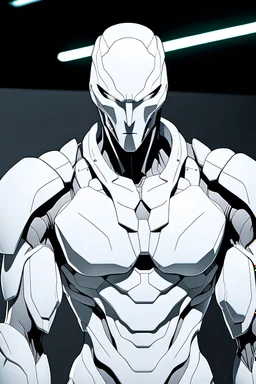 Anime the same photo but wearing a white superhero suit with a lite modern armour