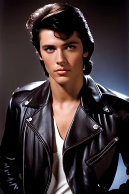 head and shoulders portrait -- dark brown wood panel background with an overhead spotlight effect, 18-year-old Wendy Breeze, Resembles Elvis Presley, with Black hair, blue eyes, perfect stacked body, head and shoulders portrait, wearing a black leather jacket, cut off t-shirt, full color -- Absolute Reality v6, Absolute reality, Realism Engine XL - v1