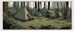 campsite, tents, overgrown, post-apocalyptic, comic book, forest, cinematic,