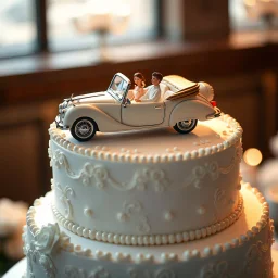 A hyper-realistic, detailed photo of a massive, elegant single-tier wedding cake. On top of the cake, there is a luxurious vintage open-top convertible toy car, made of fondant or edible sugar. Inside the car, sitting happily, are a tiny bride and groom doll. The cake is beautifully decorated with intricate white and silver icing, sugar pearls, and delicate floral patterns. The scene is lit with soft, warm studio lighting, creating a magical and joyful atmosphere. Shallow depth of field, focusin