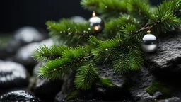 Close up of a spruce tree branch with christmas ornaments on a wet rock,,moss,high details,dark place