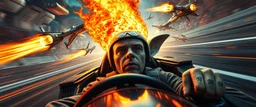head on fire, b movie poster, etheral astral weird perspective worried yoga vin diesel legend race car racing with huge g force against spaceships going sideways in ramp driver close up portrait of dj magic kobold gremlin farmer pilot looking down on cam, with background in the style of escher and giger, a chill contrapunctus fugue in the style of fsol, beethoven,