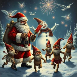 there is no kebabs at christmas, evil Santa, evil naked gnomes running around, staring flaming eyes, evil naked Rudolf, very big evil melting angry Frosty the snowman in background, 1940 christmas postcard, Flying angels, fireworks, Tim burton style