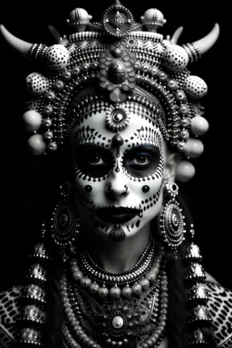 Beautiful highly detailed voodoo realistic queen, black and white, with elaborate and ordinate skulls,plain face just makeup