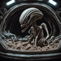 "CLAYMATION”, sinister clay xenomorph alien in a spaceship, creepy, dramatic, clay figures, clay scenery, clay sculpture, 16k resolution, claymation movie still, "Aliens" movie aesthetic, Studio Laika, wide-angle lens