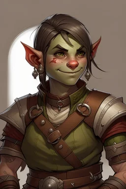 Dungeons and dragons orc tomboy. She has gray skin. She is kind. She is handsome. She has nice eyes. She has short hair. She is strong. She is in a tavern. She has broad shoulders. She has a large jaw. She has small tusks and a wide smile. Realistic style