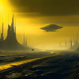 Ground level dark futuristic city scape. Yellow mist near the ground. small spaceship in the deep distant sky