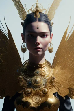 Detailed cosmic horror creature with wings, hair buns, bangs,bodysuit, intricate details, full body portrait, keep head in frame, slight smile, black Japanese motif, concept art, highly detailed, digital painting, concept art, sharp focus, illustration, art by Yoji Shinkawa, WLOP and greg rutkowski and alphonse mucha and artgerm and yanjun Chen and Junji ito and Makoto Shinkai, HDR, octane render