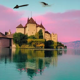 a photo of the château Chillon in pink with a yellow sky and doves fliying around