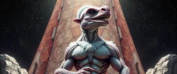 brilliant detailed full figure portrait disco glittery happy weasel alien fluffy muscle man dino anime in the style of Escher and Giger in front of dented marble tower of glitter
