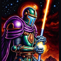 fantasy galactic knight holding glowing staff 90's tcg art 90's tcg art