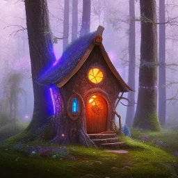 fairy house in the forest, blue and pink lights