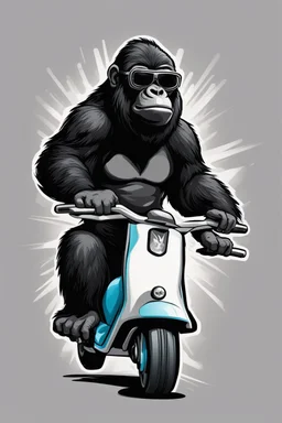 Gorrila riding on a scooter going fast, with sunglasses cartoonize, logo