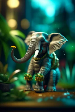 big camo toy elephant in the room smoking a cigar in the style of pixar, on a strange planet with weird colors and waterfalls, bokeh like f/0.8, tilt-shift lens 8k, high detail, smooth render, down-light, unreal engine, prize winning