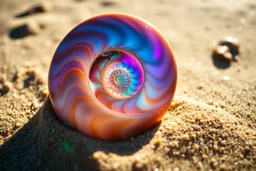 beautiful macro photography, close up of an iridescent-colored fractal spiral of a nautilus shell laying on the rough sand of a beach, moist and glinting in the sun, intricate fractal pattern, Fibonacci sequence spiral, sun glare effect, perfect nature photography, shadows