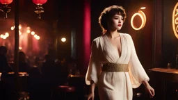 [an alluring 30 years old woman] Princess Eurydice is a living being in flesh, she walks in linen tunic in the vibrant shadows of a Jazz club, she is lost but have fun